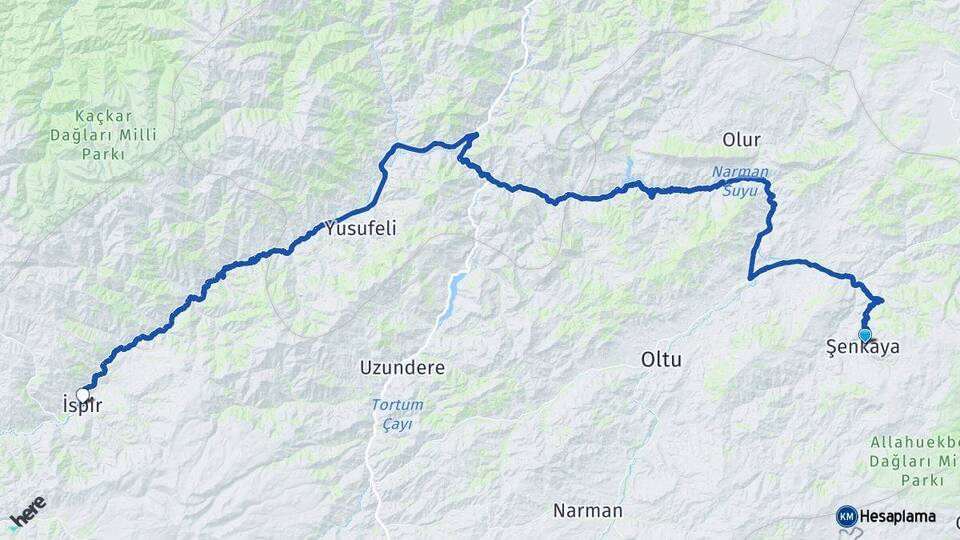 Erzurum Şenkaya İspir Arası Kaç Km - Yol Haritası