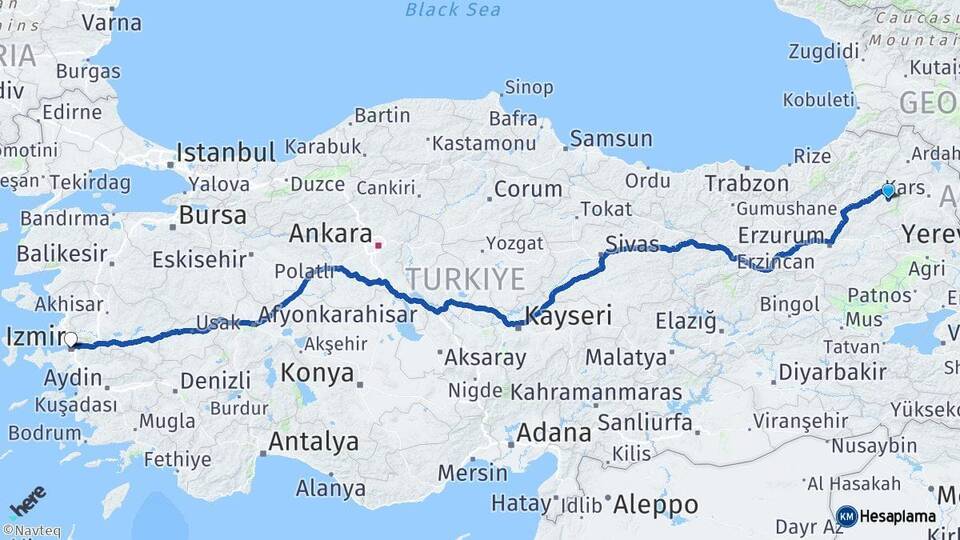 Erzurum Şenkaya İzmir Arası Kaç Km - Yol Haritası