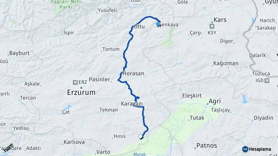 Erzurum Şenkaya Karaçoban Arası Kaç Km - Yol Haritası