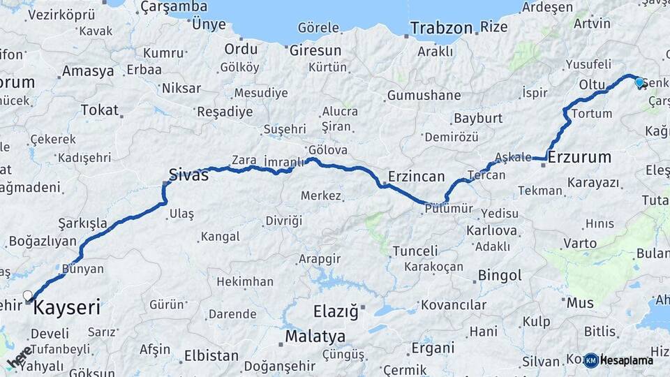 Erzurum Şenkaya Kayseri Arası Kaç Km - Yol Haritası