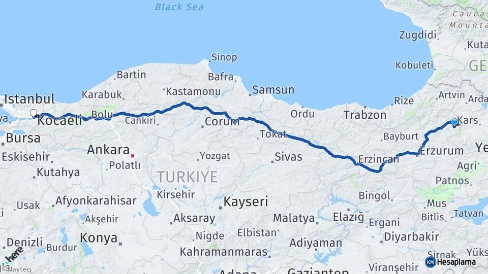 Erzurum Şenkaya Kocaeli Arası Kaç Km - Yol Haritası