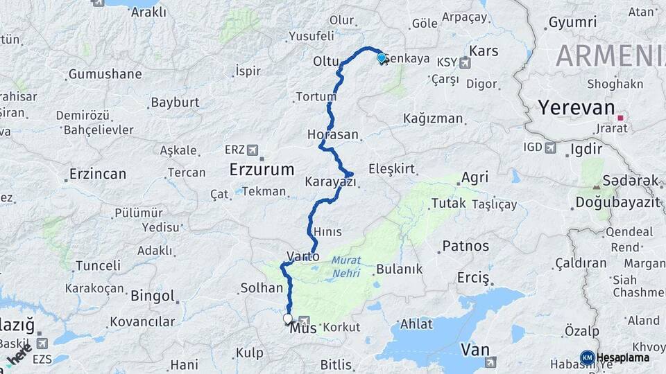 Erzurum Şenkaya Muş Arası Kaç Km - Yol Haritası