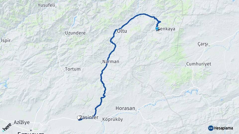 Erzurum Şenkaya Pasinler Arası Kaç Km - Yol Haritası