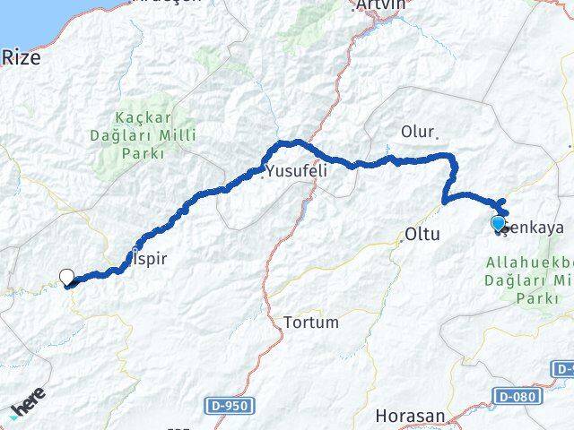 Erzurum Şenkaya Pazaryolu Arası Kaç Km - Yol Haritası