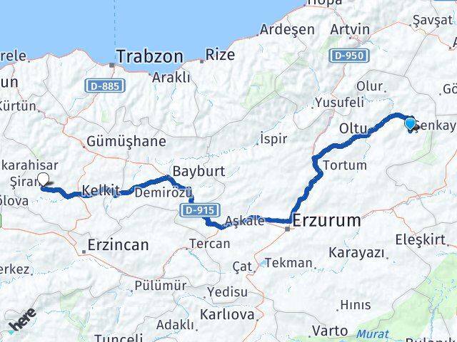 Erzurum Şenkaya Şiran Gümüşhane Arası Kaç Km - Yol Haritası