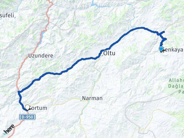 Erzurum Şenkaya Tortum Arası Kaç Km - Yol Haritası