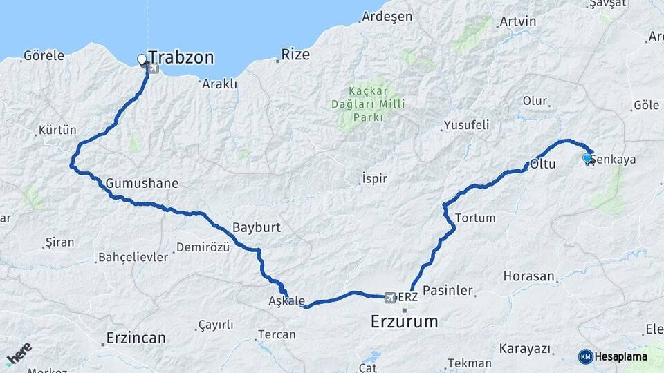 Erzurum Şenkaya Trabzon Arası Kaç Km - Yol Haritası