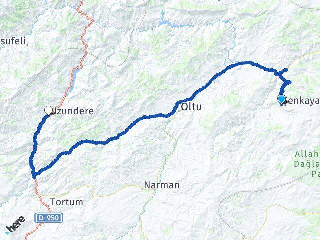 Erzurum Şenkaya Uzundere Arası Kaç Km - Yol Haritası