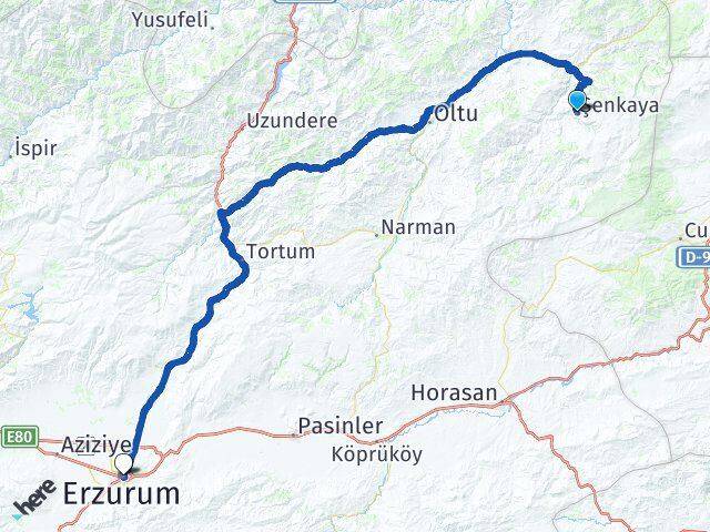 Erzurum Şenkaya Yakutiye Arası Kaç Km - Yol Haritası