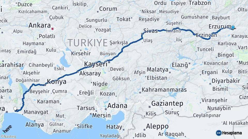 Erzurum Serik Antalya Arası Kaç Km - Yol Haritası