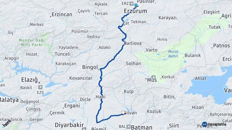 Erzurum Silvan Diyarbakır Arası Kaç Km - Yol Haritası