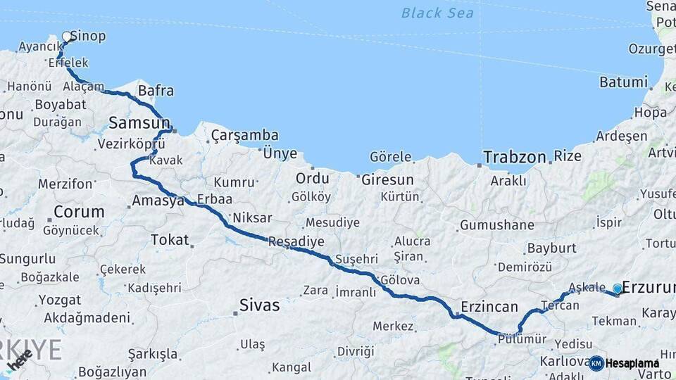 Erzurum Sinop Arası Kaç Km - Yol Haritası
