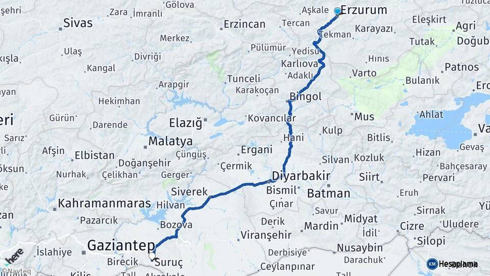 Erzurum Suruç Şanlıurfa Arası Kaç Km - Yol Haritası
