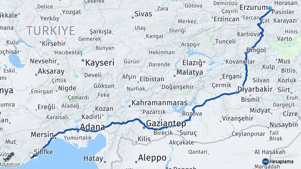 Erzurum Taşucu Silifke Mersin Arası Kaç Km - Yol Haritası