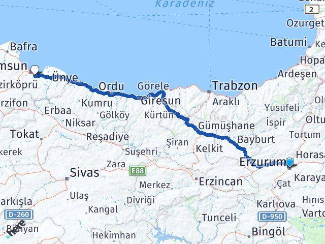 Erzurum Tekkeköy Samsun Arası Kaç Km - Yol Haritası