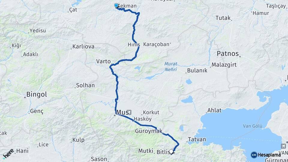 Erzurum Tekman Bitlis Arası Kaç Km - Yol Haritası