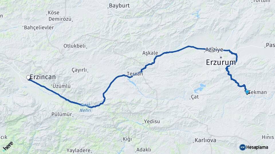 Erzurum Tekman Erzincan Arası Kaç Km - Yol Haritası