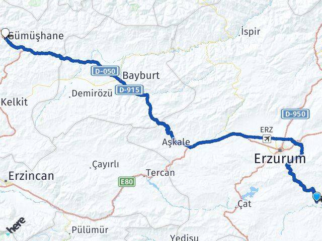 Erzurum Tekman Gümüşhane Arası Kaç Km - Yol Haritası