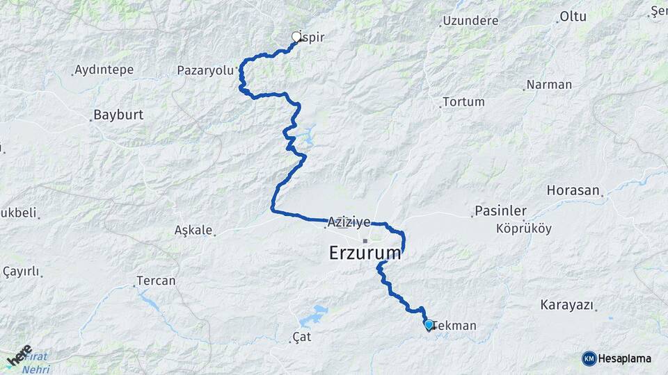 Erzurum Tekman İspir Arası Kaç Km - Yol Haritası