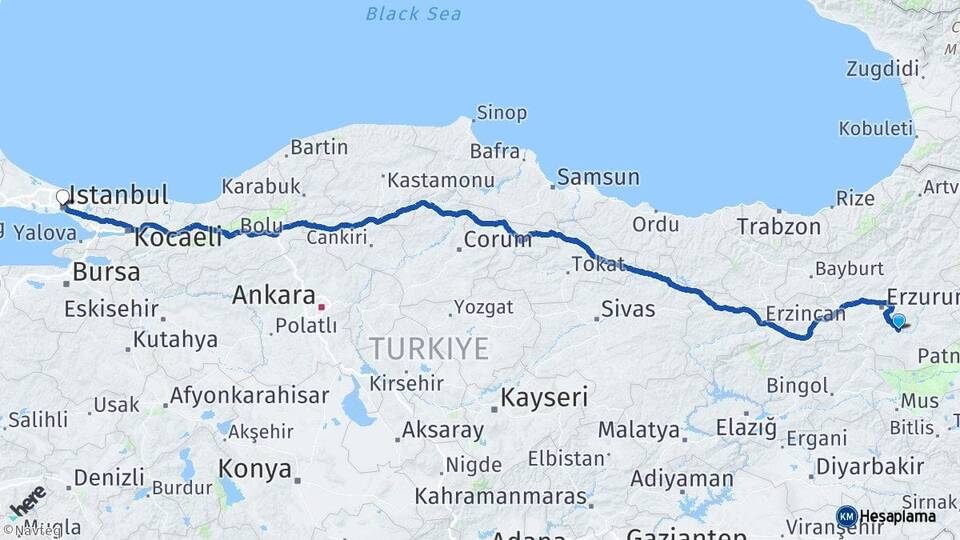 Erzurum Tekman İstanbul Arası Kaç Km - Yol Haritası