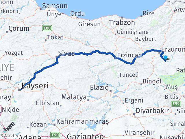 Erzurum Tekman Kayseri Arası Kaç Km - Yol Haritası