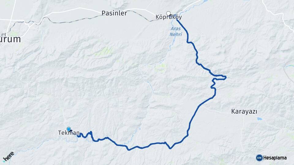 Erzurum Tekman Köprüköy Arası Kaç Km - Yol Haritası
