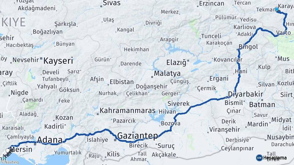 Erzurum Tekman Mersin Arası Kaç Km - Yol Haritası