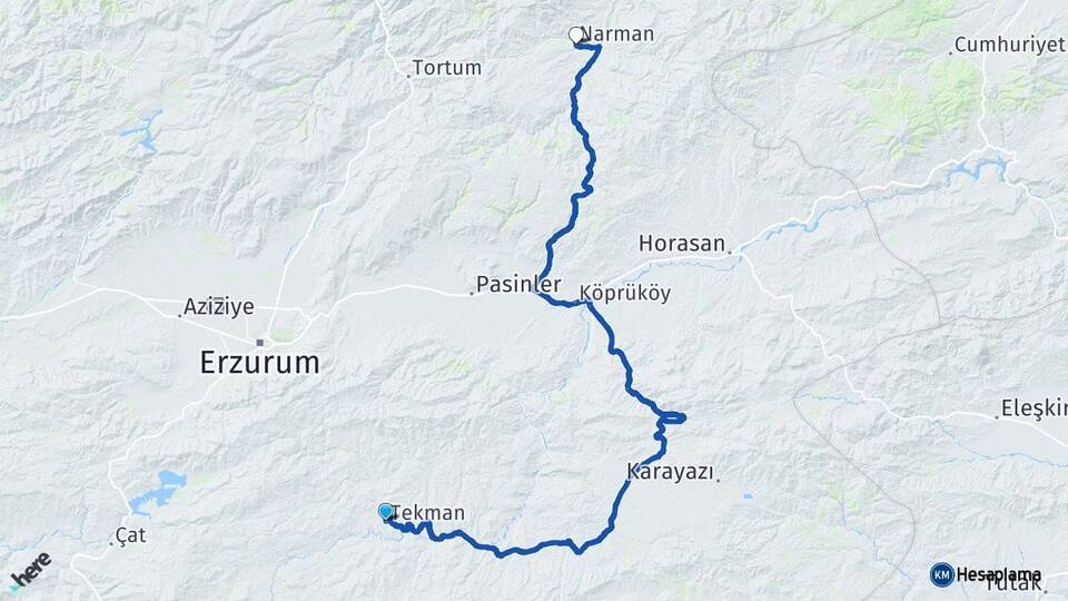 Erzurum Tekman Narman Arası Kaç Km - Yol Haritası