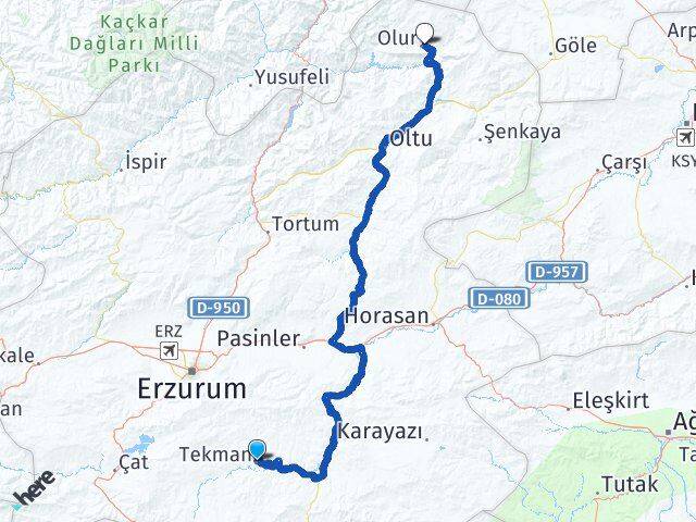 Erzurum Tekman Olur Arası Kaç Km - Yol Haritası