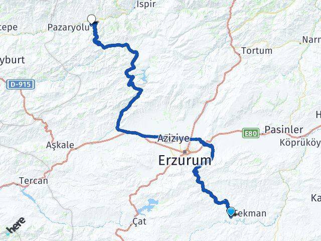 Erzurum Tekman Pazaryolu Arası Kaç Km - Yol Haritası