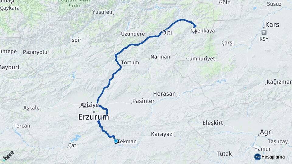 Erzurum Tekman Şenkaya Arası Kaç Km - Yol Haritası