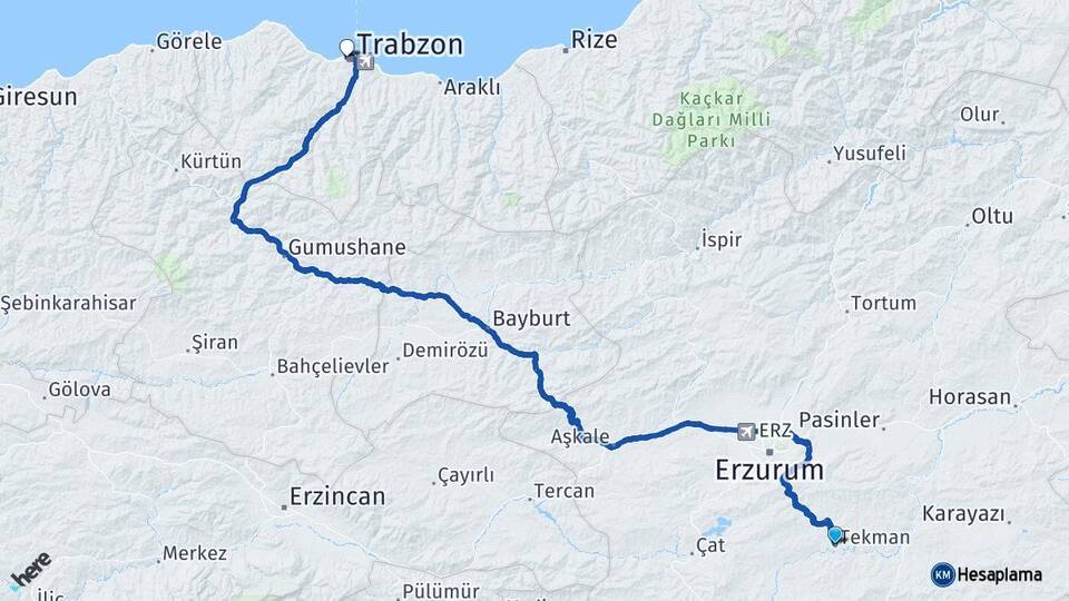 Erzurum Tekman Trabzon Arası Kaç Km - Yol Haritası