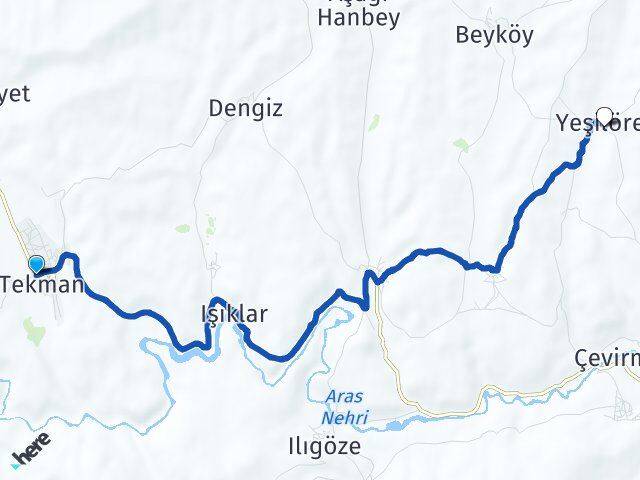 Erzurum Tekman Yeşilören Tekman Arası Kaç Km - Yol Haritası