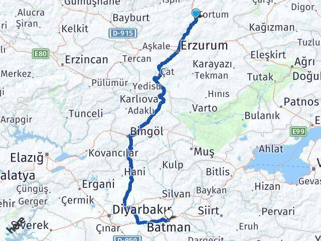 Erzurum Tortum Batman Arası Kaç Km - Yol Haritası