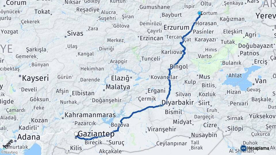 Erzurum Tortum Gaziantep Arası Kaç Km - Yol Haritası
