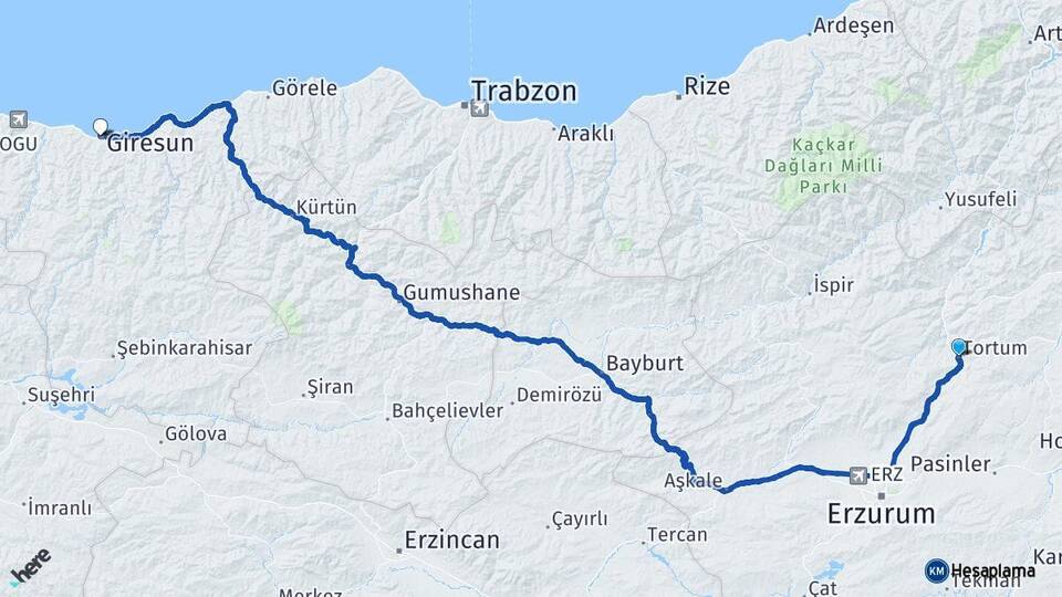 Erzurum Tortum Giresun Arası Kaç Km - Yol Haritası