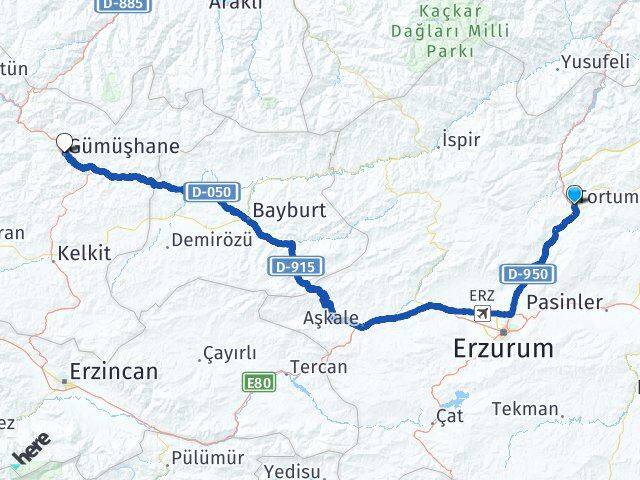 Erzurum Tortum Gümüşhane Arası Kaç Km - Yol Haritası