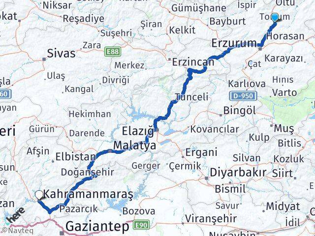 Erzurum Tortum Kahramanmaraş Arası Kaç Km - Yol Haritası