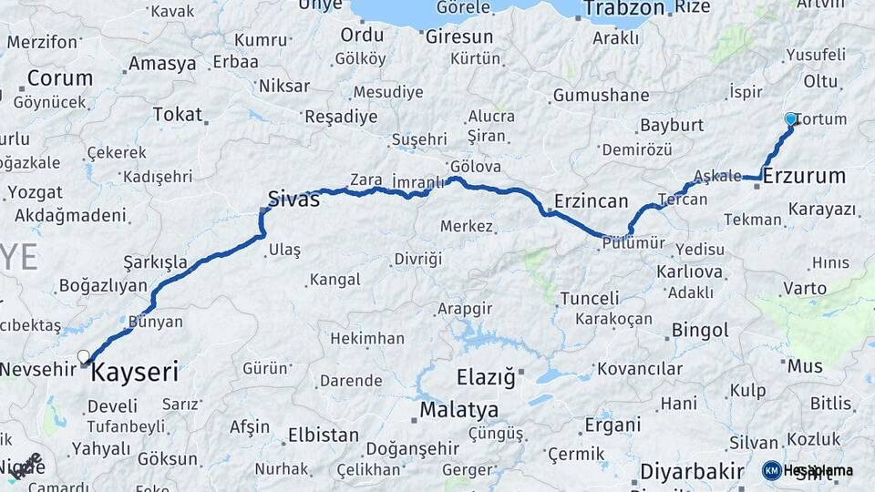 Erzurum Tortum Kayseri Arası Kaç Km - Yol Haritası