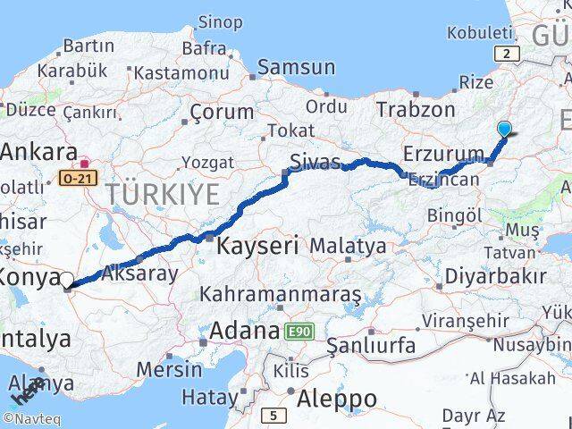 Erzurum Tortum Konya Arası Kaç Km - Yol Haritası