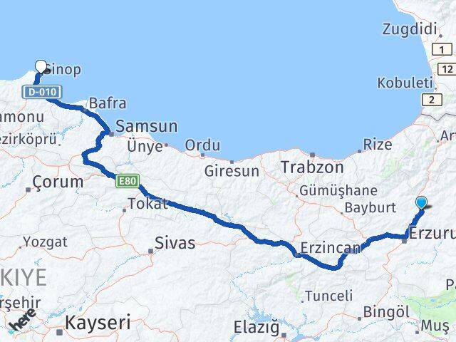 Erzurum Tortum Sinop Arası Kaç Km - Yol Haritası