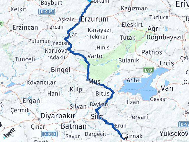 Erzurum Tortum Şırnak Arası Kaç Km - Yol Haritası