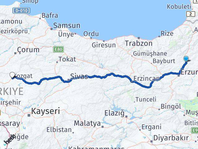 Erzurum Tortum Yozgat Arası Kaç Km - Yol Haritası