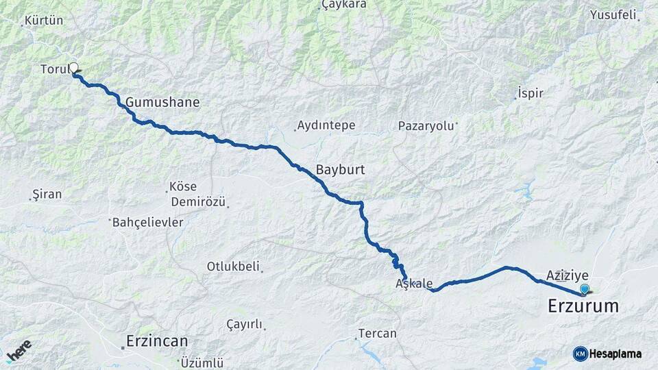 Erzurum Torul Gümüşhane Arası Kaç Km - Yol Haritası