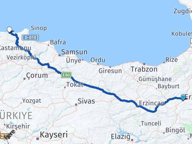 Erzurum Türkeli Sinop Arası Kaç Km - Yol Haritası