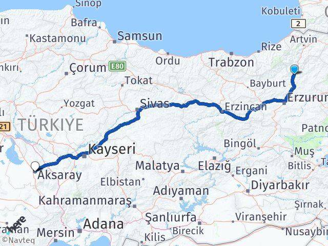 Erzurum Uzundere Aksaray Arası Kaç Km - Yol Haritası