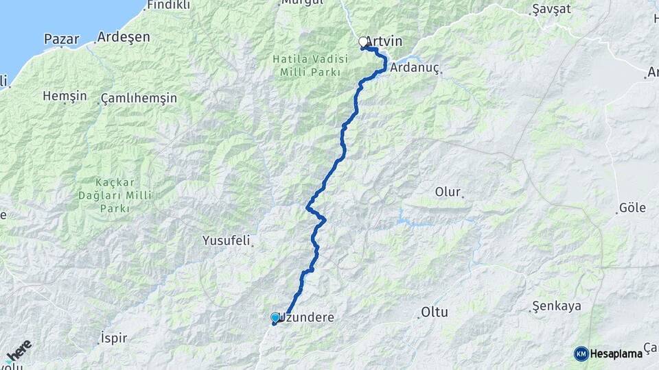 Erzurum Uzundere Artvin Arası Kaç Km - Yol Haritası
