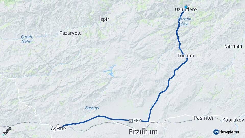 Erzurum Uzundere Aşkale Arası Kaç Km - Yol Haritası