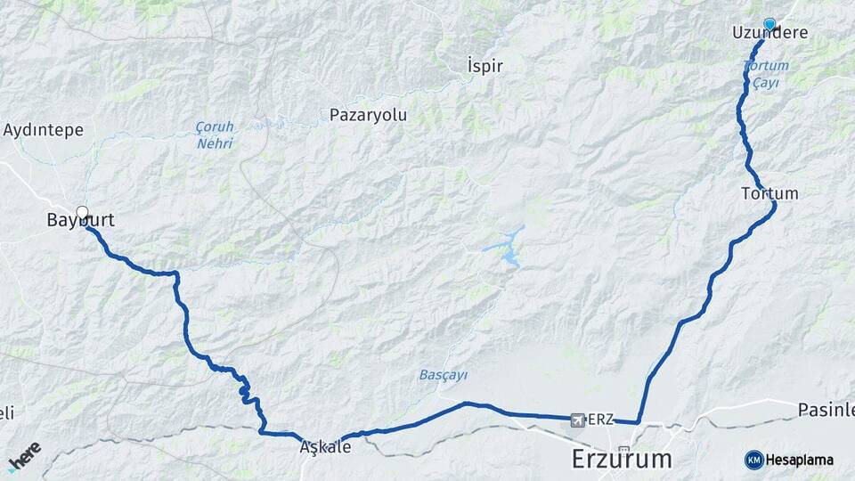 Erzurum Uzundere Bayburt Arası Kaç Km - Yol Haritası