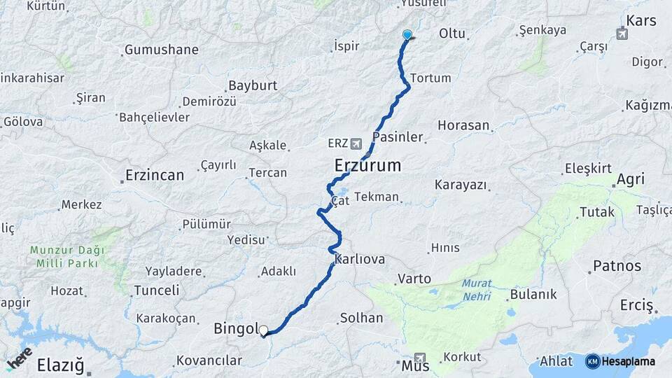 Erzurum Uzundere Bingöl Arası Kaç Km - Yol Haritası